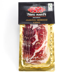Sliced Jamón Ibérico Cebo: Traditional dry-cured ham produced from high quality Iberian pork